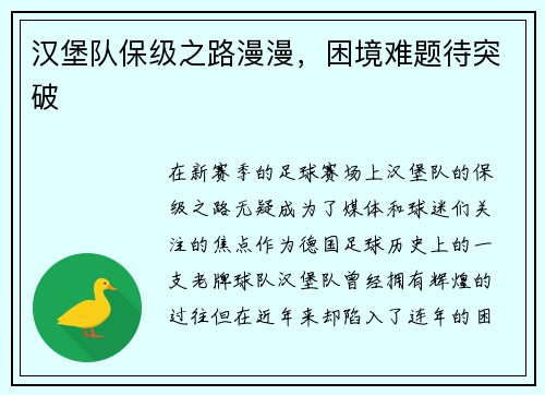 汉堡队保级之路漫漫，困境难题待突破
